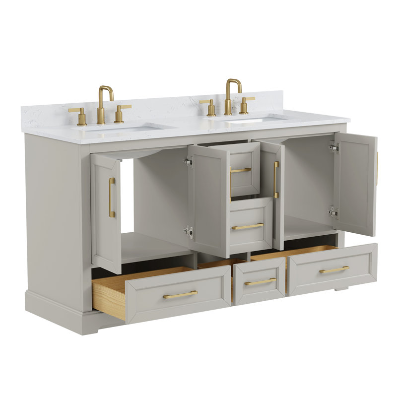 Meuble-lavabo autoportant à double cuve avec plateau en pierre d'ingénierie Snowline, 61"