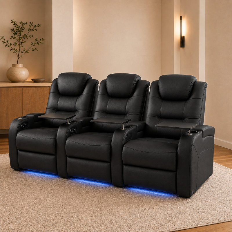 Dual Power Top Grain Leather Home Theater Recliner with USB & Type-C Charging Ports, Black Genuine Leather