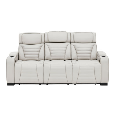 85.5''Wide Breathable Leather Power Reclining Sofa With Drop Down Table And 2 Cup Holders