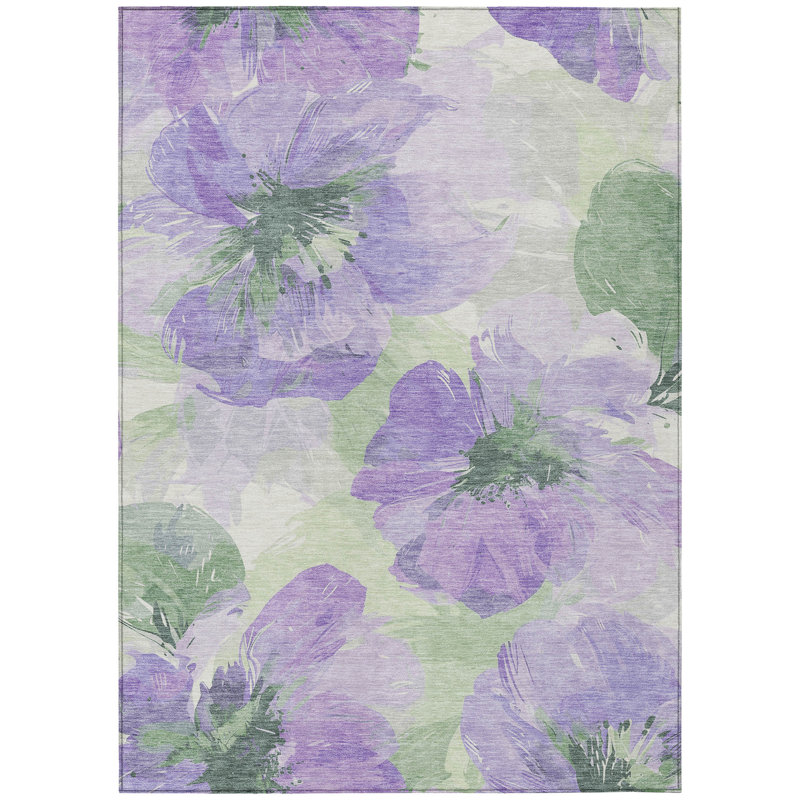 Lavender and Green Floral Washable Synthetic Area Rug