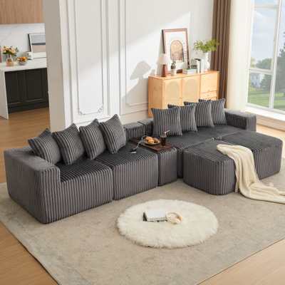 Canapé en velours côtelé désossé en forme de U, 137,5 po avec chargement USB et sans fil, table basse et porte-gobelet, conception modulaire mobile, 6 sièges, sans assemblage