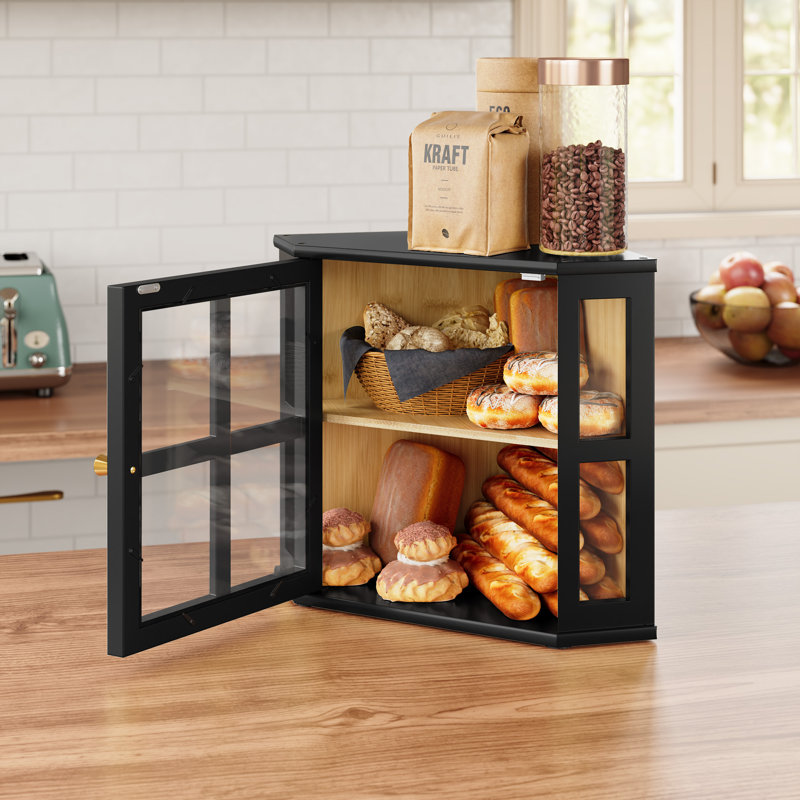 Bamboo Double Layer Storage Cabinet, Countertop Bread Box & Multipurpose Organizer for Kitchen, Pantry, Black