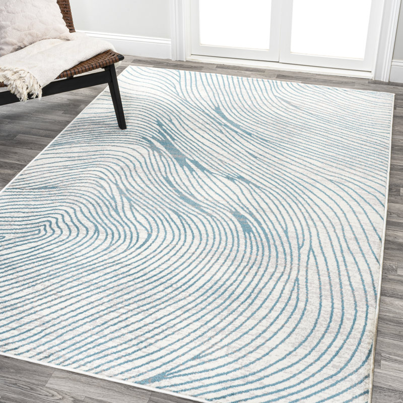Amdrea Woodgrain Geometric Ivory/Blue Rug, Rectangle 3'11" x 6'