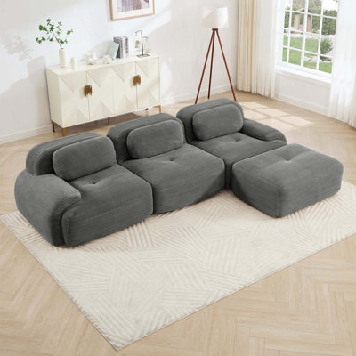 Canapé en velours côtelé 3 places avec accoudoirs courbés et 1 repose-pieds multi-combinaisons anti-dérapant