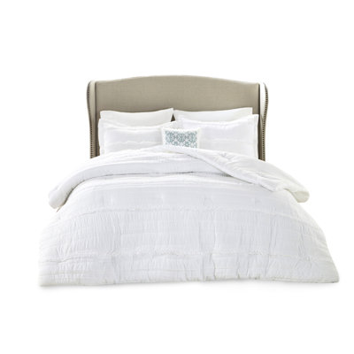 Queen Size Comforter White - Shabby Chic Microfiber With Embroidery Pillow And Filling, 5 Includes Comforter, 2 Shams, Decorative Pillow, Bed Skirt, Washable 5 Piece Ruffles & Embroidery, , Easy To
