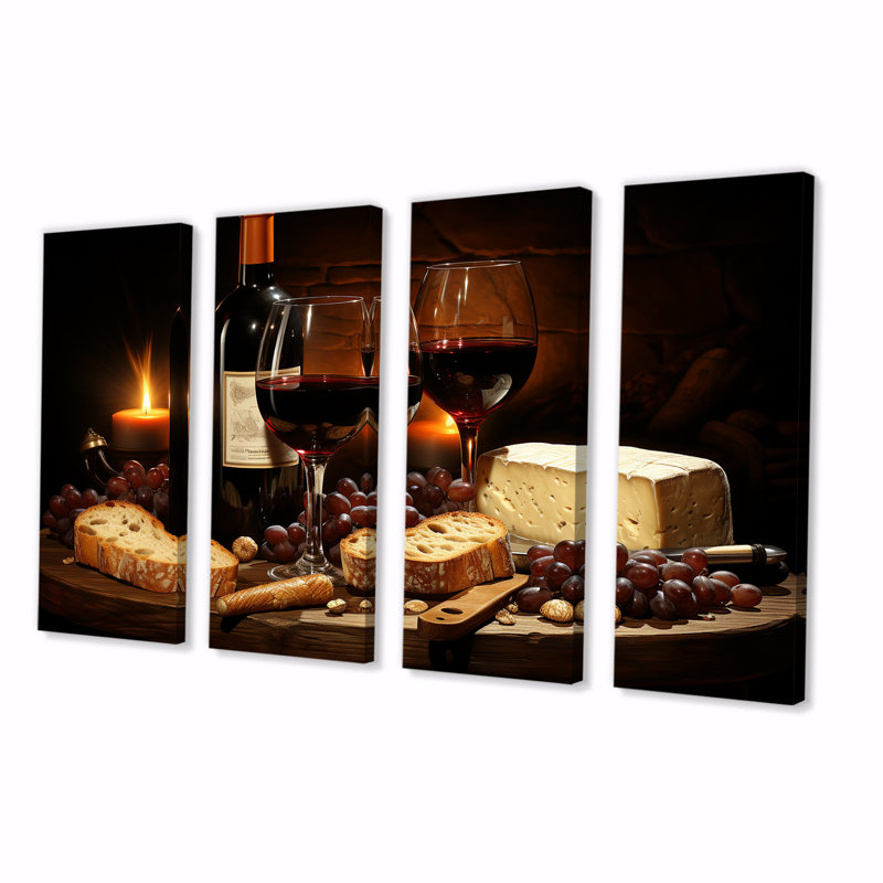 «Cheese And Wine Charcuterie Board Radiance - Wine», art mural 4 pièces pour le salon, H 28 po x l 48 po