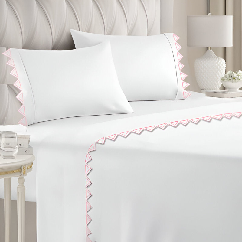 Ashley 400TC Cotton Traingle Embroidery Cotton 4 Piece Sheet Set Fitted Sheet Fits Upto 16" Deep Pocket, Light Pink