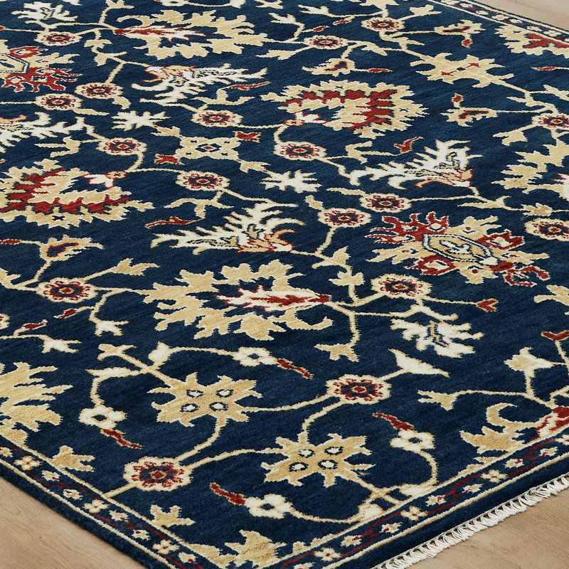 Sovereign Navy Ivory Floral Hand Knotted Wool Area Rug, Rectangle 2' x 3'