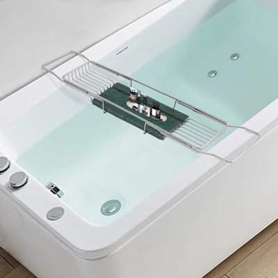 Modern Silver and Green Marble Expandable Bathtub Caddy Tray, Adjustable 26.77 in to 35.43 in W, 44.09 lbs Capacity