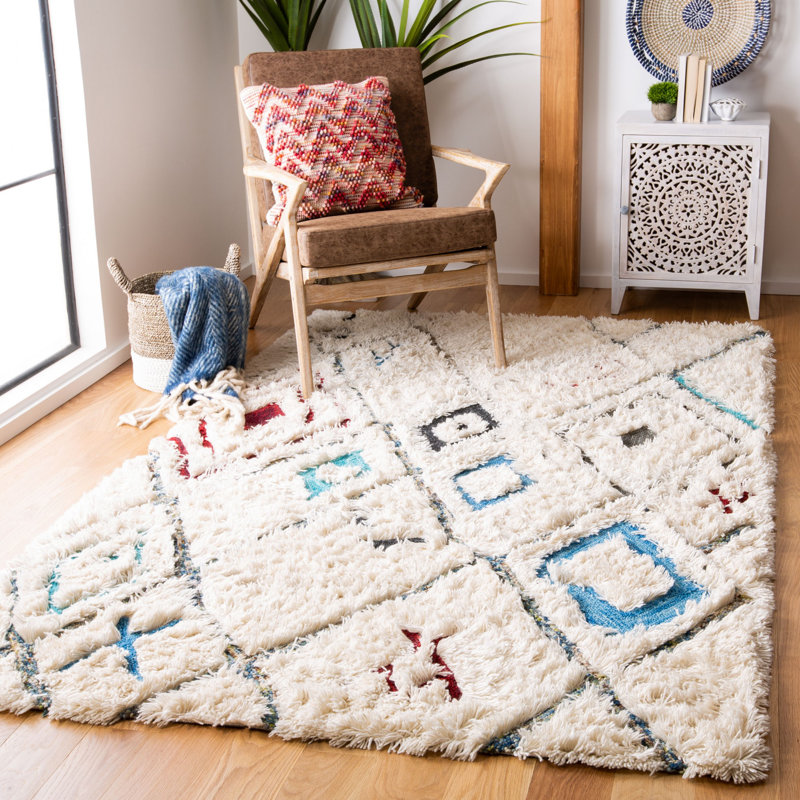 Tapis ivoire / chocolat en laine à poils longs fait à la main Powell, Rectangle 8 pi x 10 pi