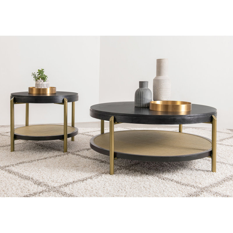 Table basse ronde avec finition noire, tablette de rangement et bois franc asiatique pour la vie principale