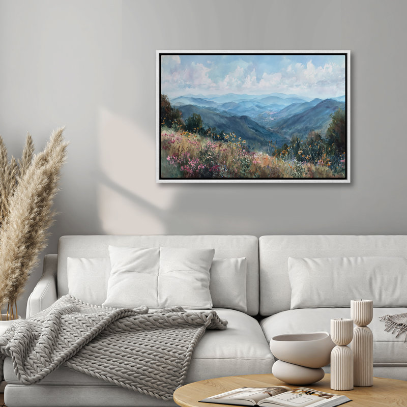 «Serene Blue Mountain Landscape with Wildflowers», reproduction d'art encadrée, H 24 po x l 36 po, Blanc