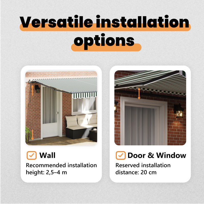 Brayden Studio Retractable Patio Awning, 400 cm W x 300 cm D, Green/White/Grey Striped