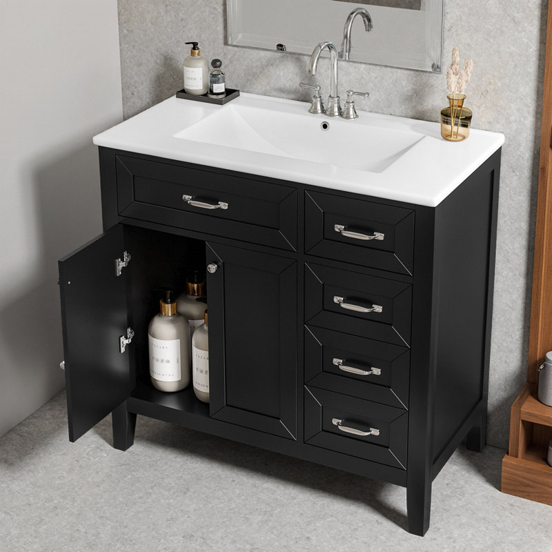 Meuble-lavabo noir 36 po avec lavabo en céramique, armoire en bois massif et tiroirs pour salle de bain moderne, Noir
