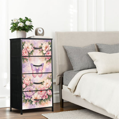 Commode 4 tiroirs pour chambre à coucher, commode étroite, plateau en bois et structure de bureau en fer 18 po x 37,5 po - (l x H) - avec des fleurs de pivoines pastel à motif d'aquarelle douce