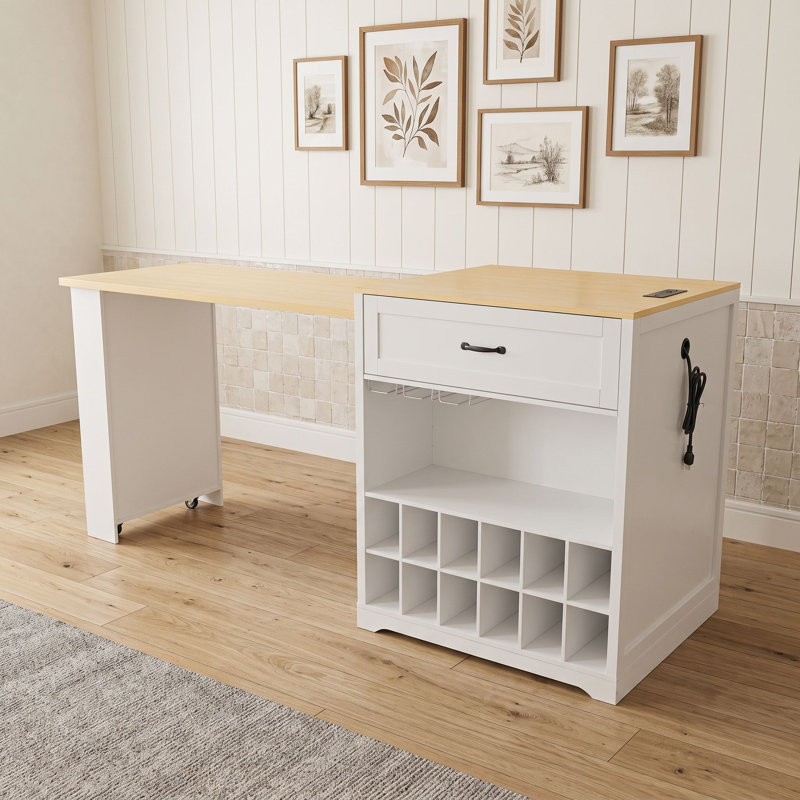 Table de comptoir extensible à roulettes, 2 tiroirs, tablettes et prise électrique, Blanc naturel