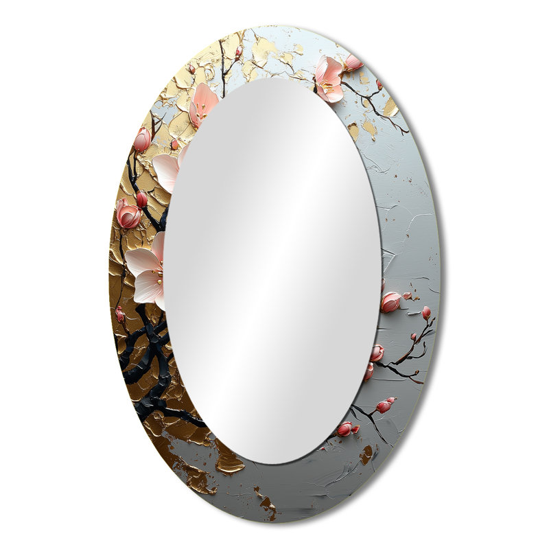 Pink And Gold Cherry Blossom Tree By The Lake II - Pink Traditional Oval Wall Mirror, 36" x 24"