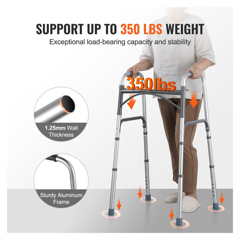 VEVOR Lightweight Aluminum Folding Walker with Adjustable Height & One-Click Fold - Heavy Duty Mobility Aid for Seniors (350 LBS Capacity)
