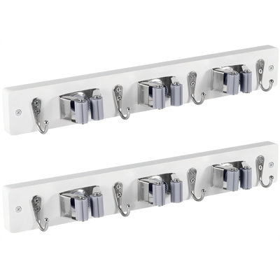 2 Pack White Mop Broom Holder Wall Mount With 3 Slots ,4 Hooks, Rustic Wood Broom Mop Hanger For Pantry Kitchen Organization , Garden Tool Organizer For Closet Laundry Room