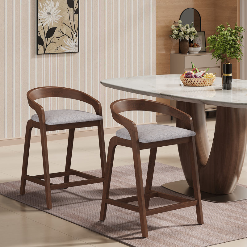 Gurnaik Wood Upholstered Counter Stool, Light Gray, Natural Walnut