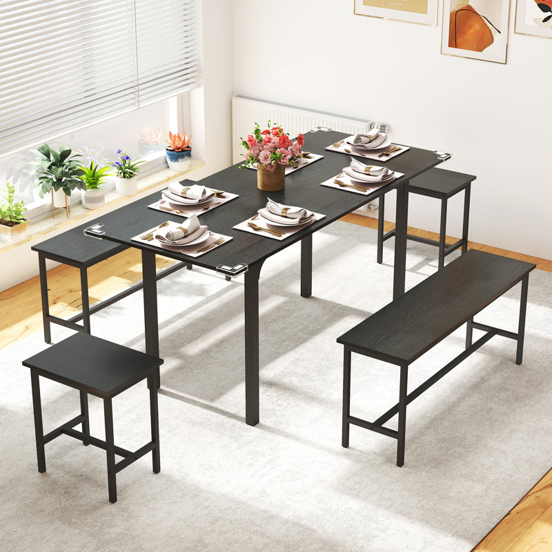 Ensemble de table de salle à manger extensible 5 pièces et bancs de cuisine noir