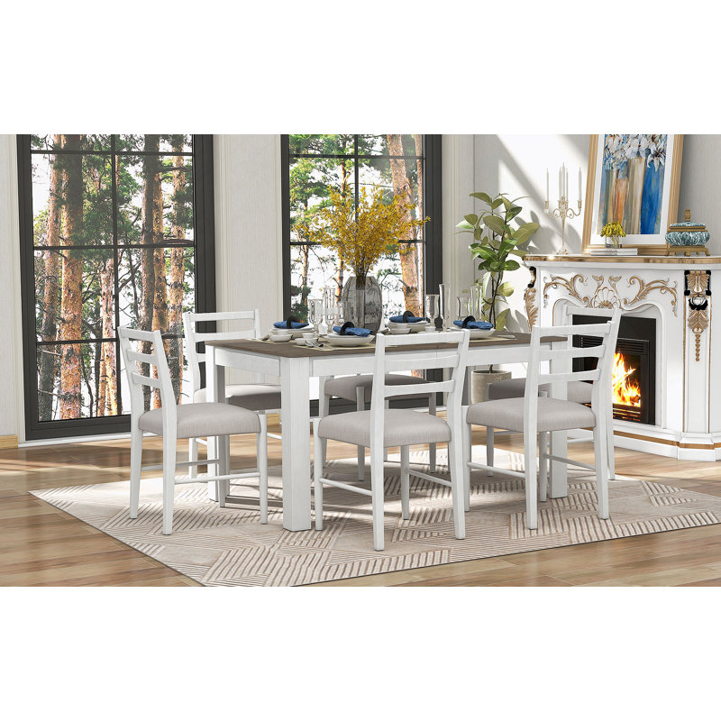 Ensemble de table de salle à manger 7 pièces en bois, table extensible avec rallonge, 2 tiroirs et 6 chaises rembourrées