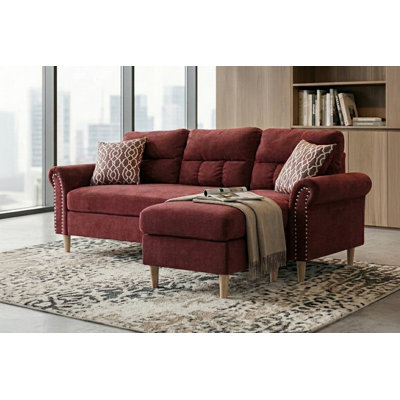 Ensemble canapé d'angle réversible en velours rouge, 2 pièces, avec méridienne réversible et 2 coussins décoratifs.