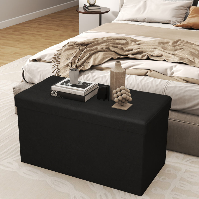 Folding Storage Ottoman Bench, 31.5" Rectangle Foot Rest Stool with Large Capacity, Wooden Top, Black Leather, for Living Room Bedroom
