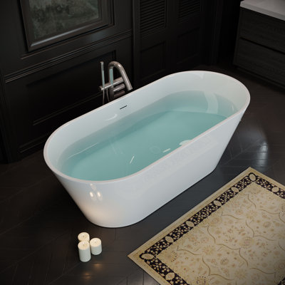 Baignoire autoportante en acrylique de 63 po x 29,53 po, baignoire profonde ovale avec bonde escamotable centrale et trop-plein intégré pour spa de salle de bain, blanc brillant