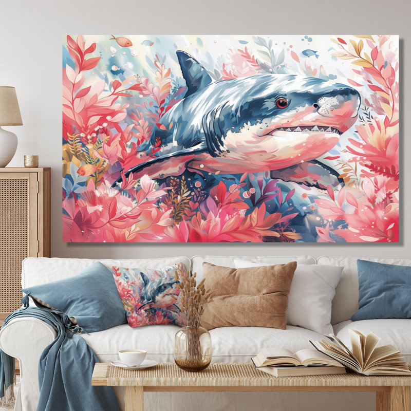 Pink Grey hunting shark watercolor II - Shark Large Wall Art, No Framed, Metal, 16'' H x 32'' W