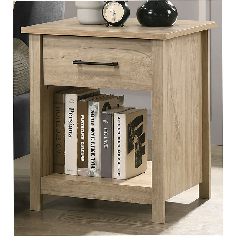1-Drawer Nightstand, Bedside Table With Open Shelf, Light Oak