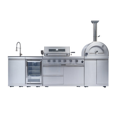 112" W 4-Burner Propane Gas Grill Island with Side Burner, Rotisserie and Pizza Oven and Outdoor Rated Refrigerator and Sink