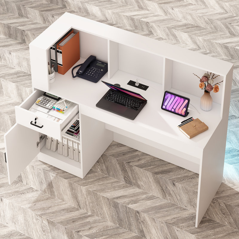 55" Reception Desk with LED Lights, Double-Layer Display Rack, L-Shaped Front Desk Reception Room Table Drawer With Lock