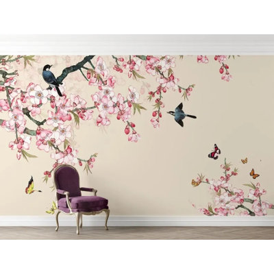 Soft Pink Cherry Blossom Bird Garden Wallpaper