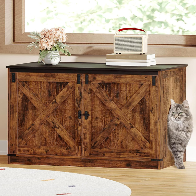 Enceinte de litière pour chat avec coussin, meuble de litière caché avec séparateurs amovibles, entrée réversible à gauche ou à droite, chatière, brun rustique et noir