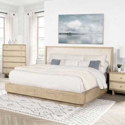 Très grand lit oriental avec finition en chêne beige, style bord de mer, conception à oreilles, tête de lit tapissier en tissu, fait de peuplier et d'aspect moderne, fabrication en bois plateforme