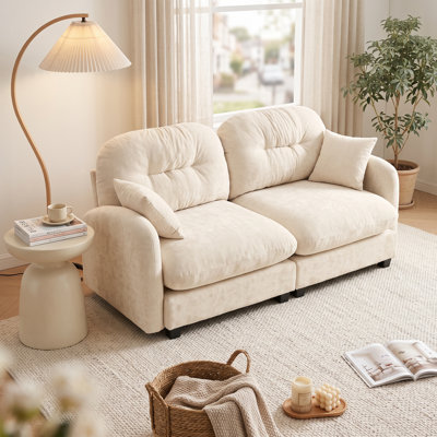 Canapé modulaire minimaliste en chenille plissée avec 2 poufs, canapé d'angle 2 places en forme de U, beige