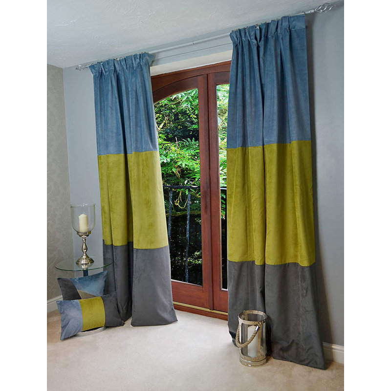 Crooms Blackout Curtain Pair, Blue/Gold/Grey, Width 228 x Drop 182 cm