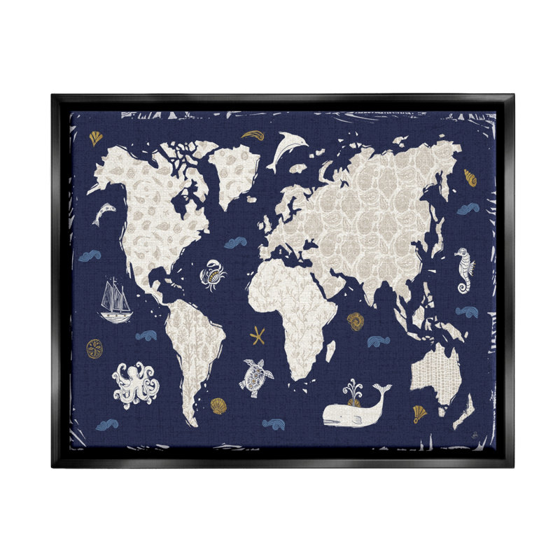 Carte du monde à motif bleu encadrée sur bois par Daphne Brissonnet, impression, Cadre flottant noir de jais