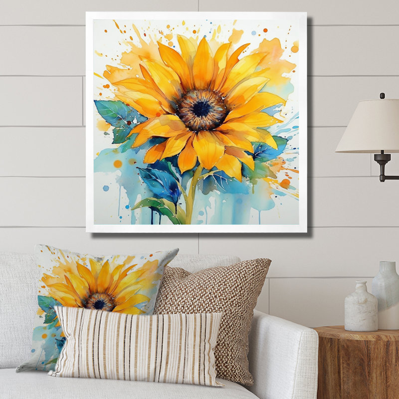Jaune, bleu, doré, tournesols III, H 36 po x l 36 po x P 1,5 po, Cadre photo blanc