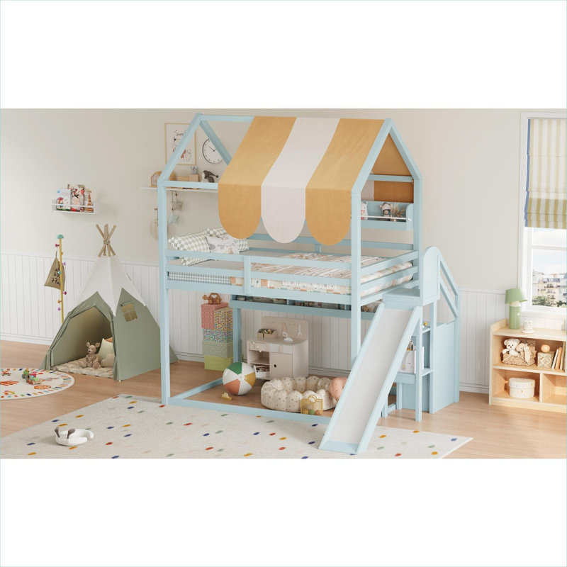 Structure de lit superposé en bois massif de couleur verte pour chambre d'enfant, maisonnette avec auvent, glissoire et bibliothèque intégrée