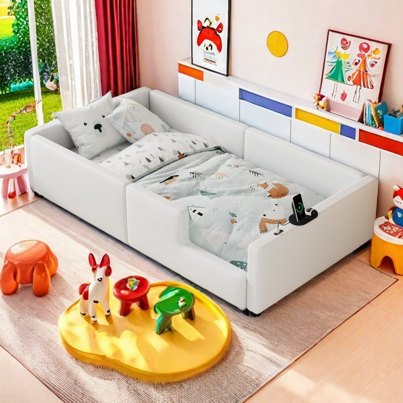 Lit plateforme simple tapissier avec garde-corps et station de charge, blanc