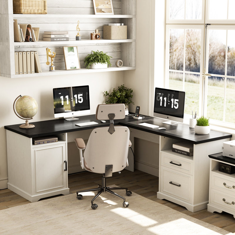 60‘’ L Shaped Desk with Wooden Drawers, Black, White
