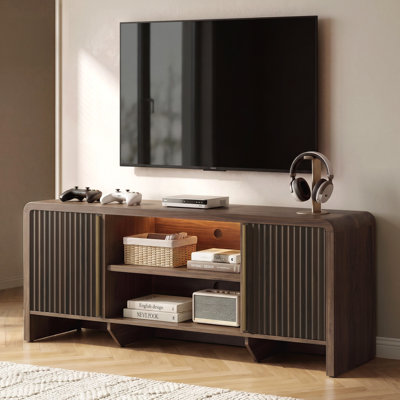 62" Fluted TV Stand up to 75 Inch Television with 3-Color LED Light, Modern Television Console Storage Cabinet with Adjustable Open Shelf a for Living Room