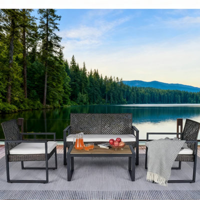 Ensemble de meubles de patio 4 pièces avec plateau en bois d'acacia et coussin beige brun moderne pour balcon extérieur