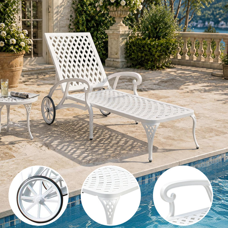 Méridienne de patio réglable en aluminium, chaise d'extérieur inclinable blanche à 3 positions avec roulettes
