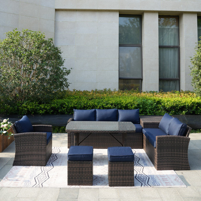 Baecher Wicker 6-Person Outdoor Seating Group with Cushions, Brown Frame/Navy Blue Cushion