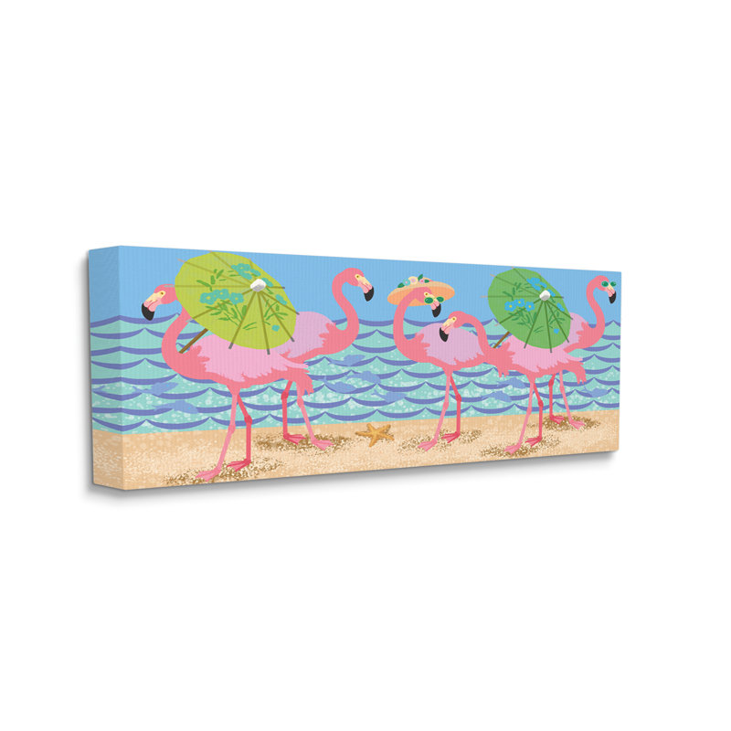 Flamants roses avec parasols floraux - impression, Toile tendue, H 10 po x l 24 po x P 1,5 po