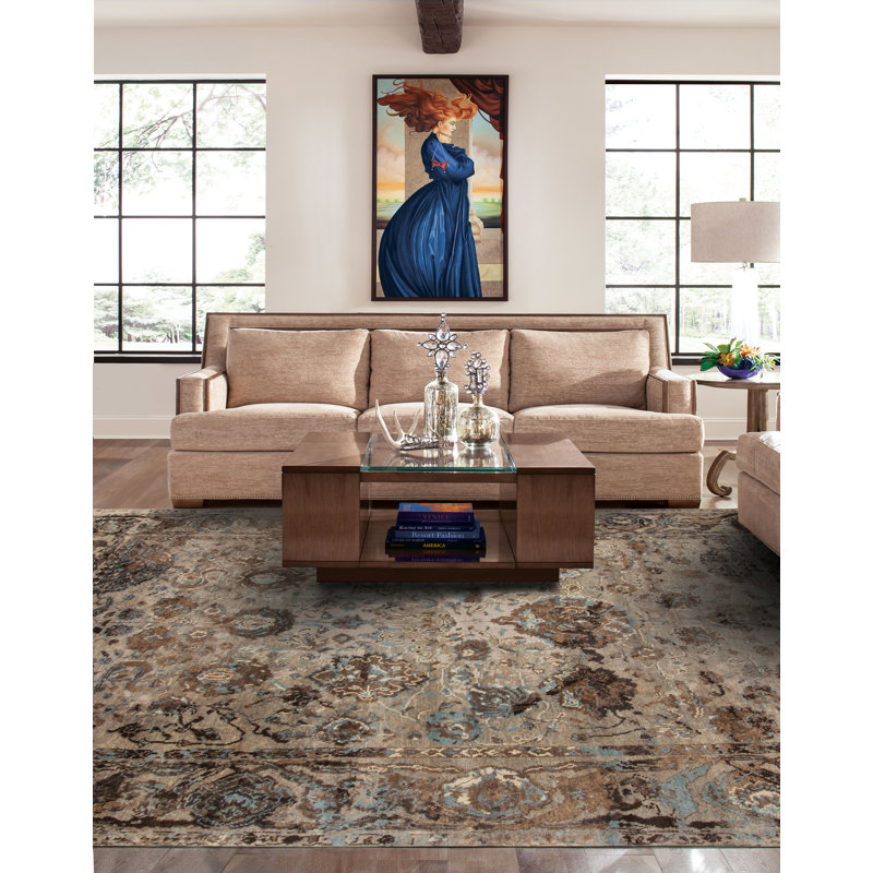 Shangri-La Hand Knotted Wool Area Rug in Divine Taupe/Black/Blue, Rectangle 10' x 14'
