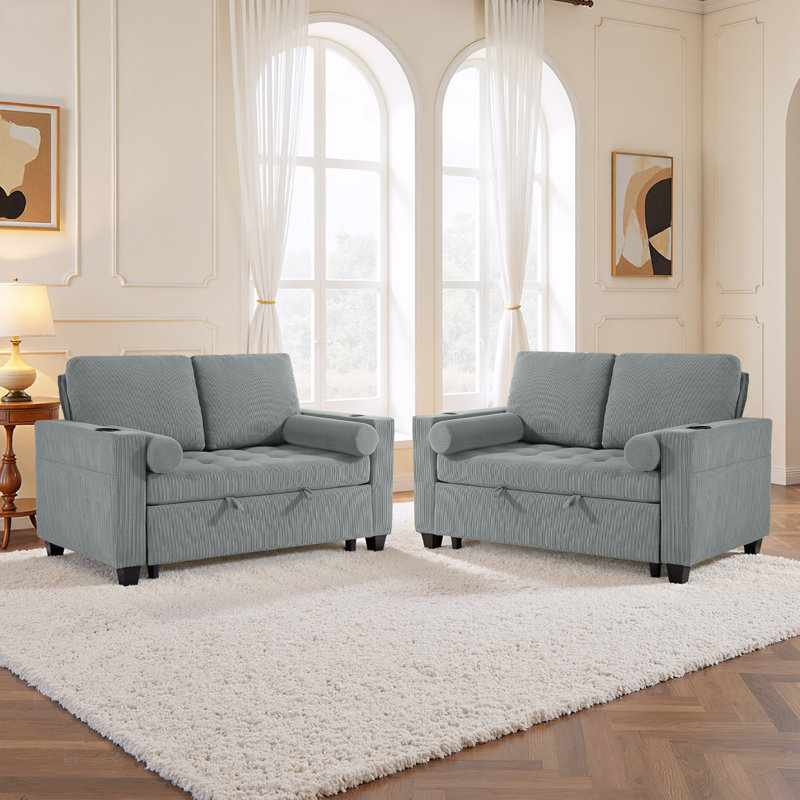 Upholstered Gray Corduroy Tufted Convertible Pull-Out  Multi-Functional Sleeper Sofa Bed - Adjustable Backrest With 2 Soft Pillows, USB Outlet and  Cup Holder (Set of 2)